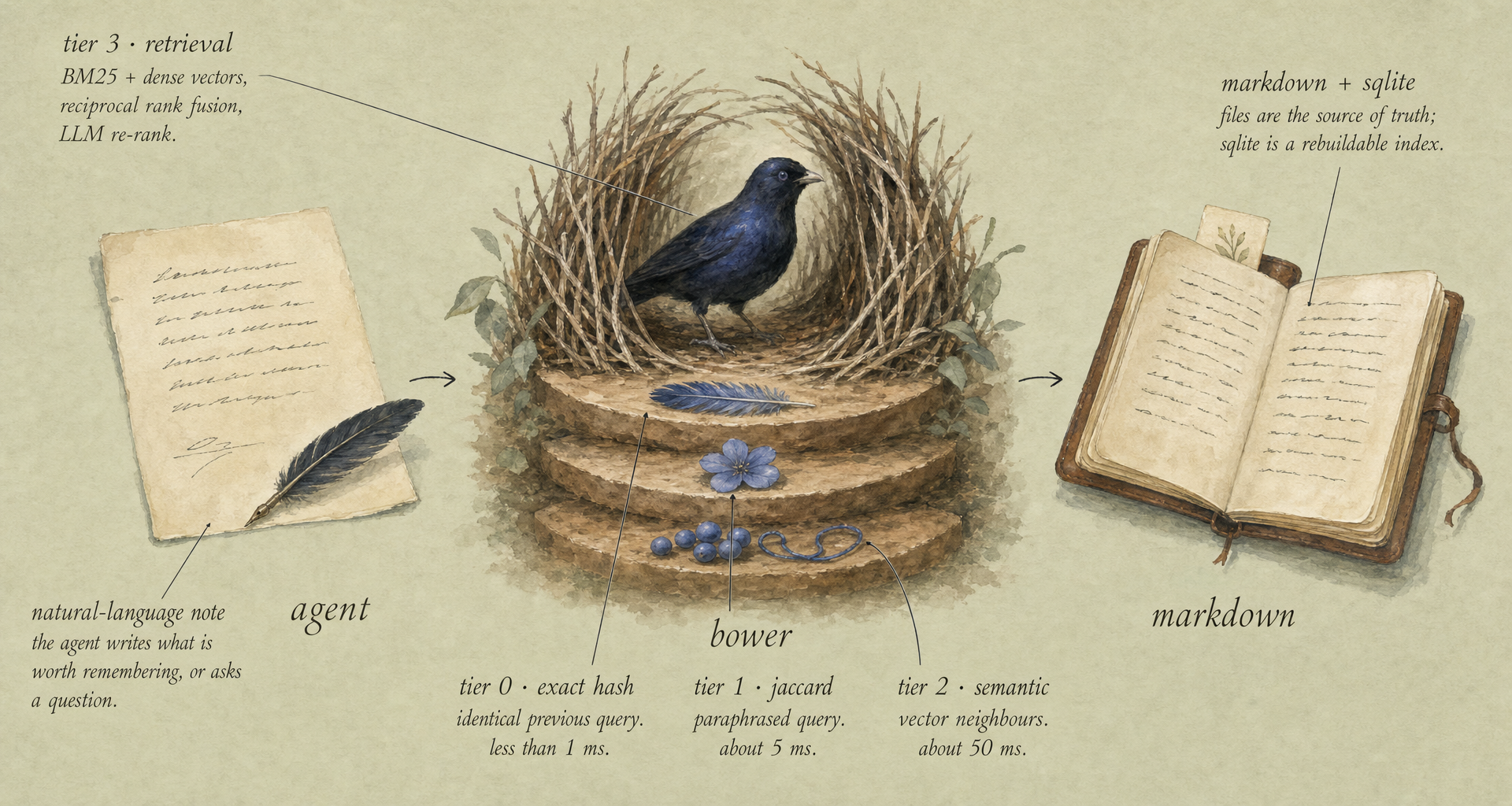 agent writes a note, the bowerbird arranges blue trinkets on tiered ledges, the journal records it as markdown